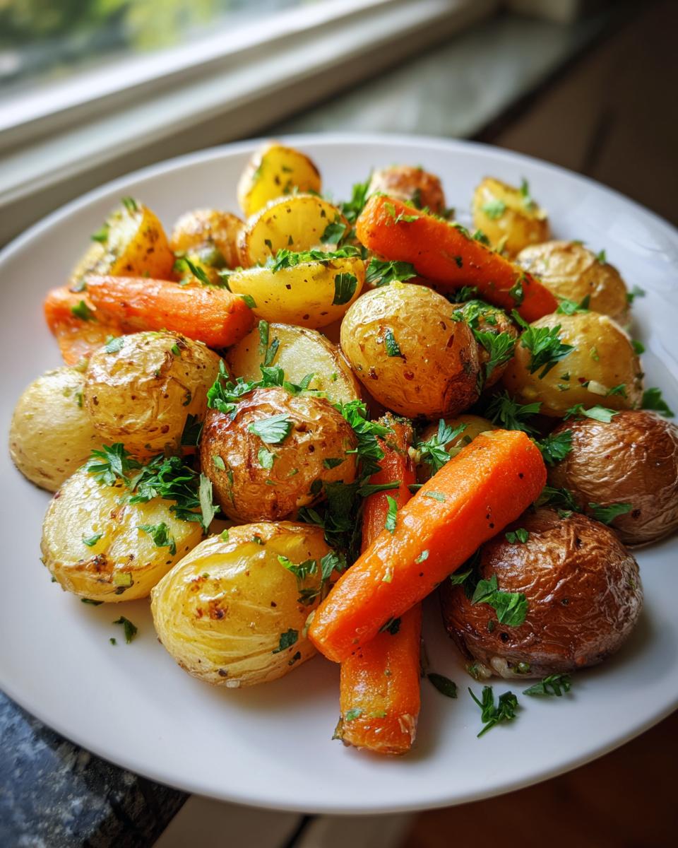 A close-up of golden brown roasted potatoes and carrots garnished with fresh parsley.