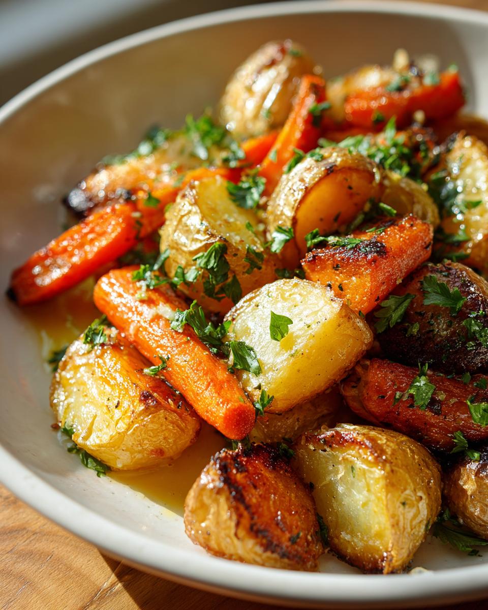 Close-up of golden brown roasted potatoes and carrots, glistening with oil and topped with fresh parsley.