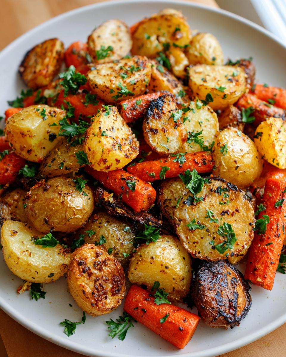 A close-up of golden brown roasted potatoes and carrots seasoned and topped with fresh parsley.