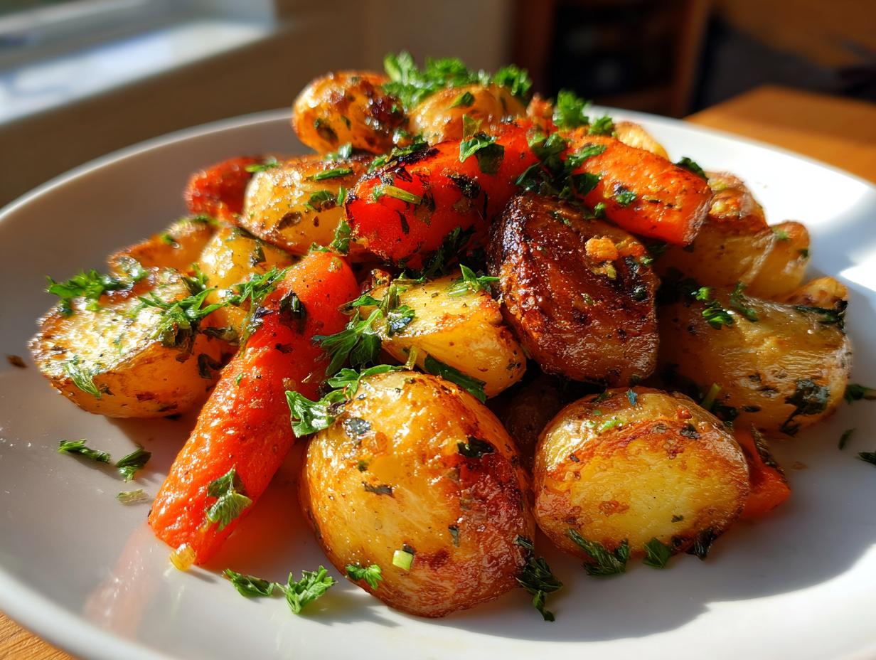 Close-up of perfectly golden roasted potatoes and carrots seasoned with herbs.