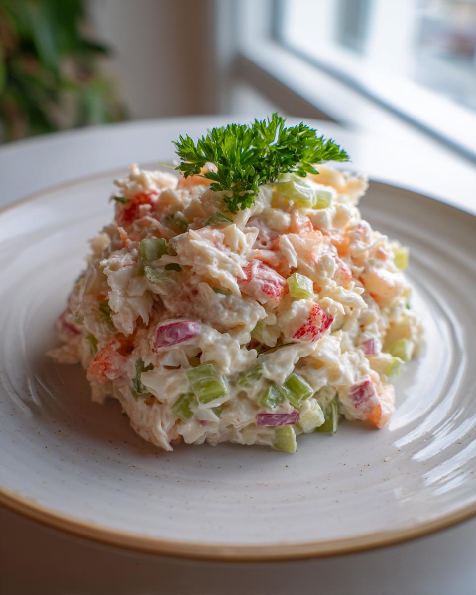 A mound of creamy seafood salad mixed with celery and red onion, garnished with parsley on a white plate.