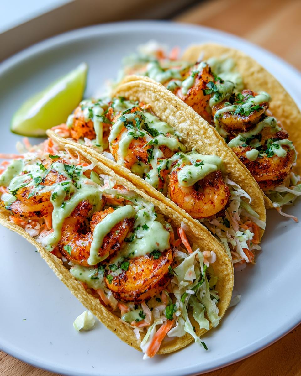 Three delicious shrimp taco shells filled with seasoned shrimp, slaw, and drizzled with green avocado crema.