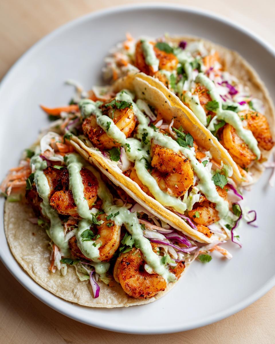 Two perfectly assembled shrimp taco shells filled with seasoned shrimp, slaw, and drizzled with green cilantro-lime sauce.
