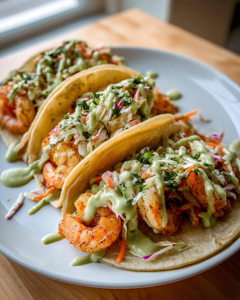Close-up of three fully loaded shrimp taco shells filled with seasoned shrimp, slaw, and drizzled generously with creamy green sauce.