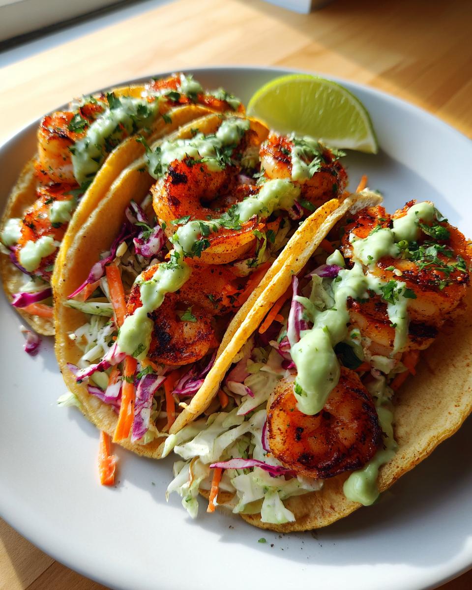 Three delicious shrimp taco shells filled with slaw, topped with seasoned shrimp and a drizzle of green avocado sauce.