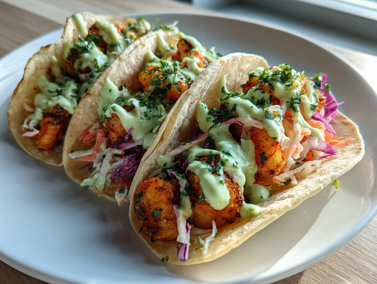 Three soft tortilla shrimp taco shells filled with seasoned shrimp, coleslaw, and drizzled generously with a creamy avocado sauce.