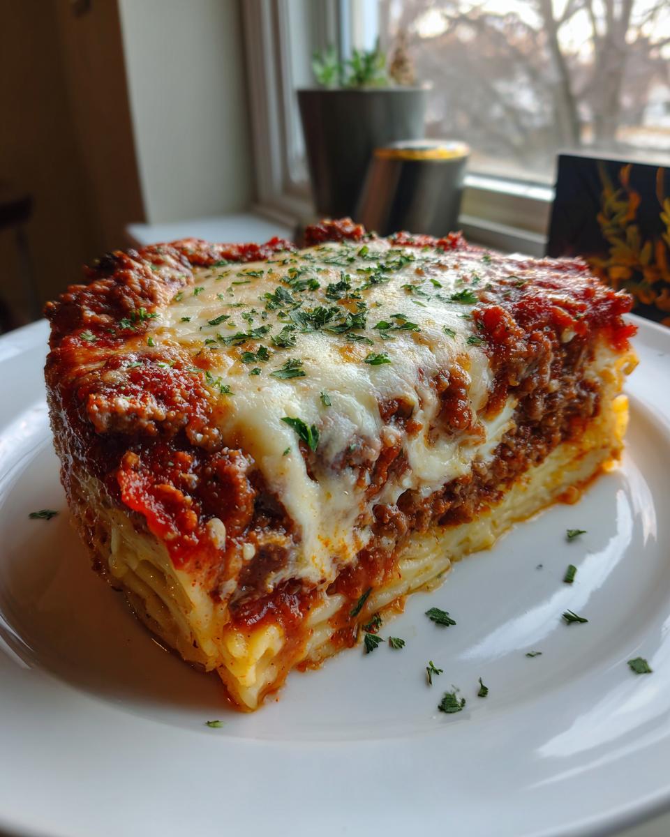 A thick, square slice of baked spaghetti pie layered with meat sauce and topped with melted mozzarella and parsley.