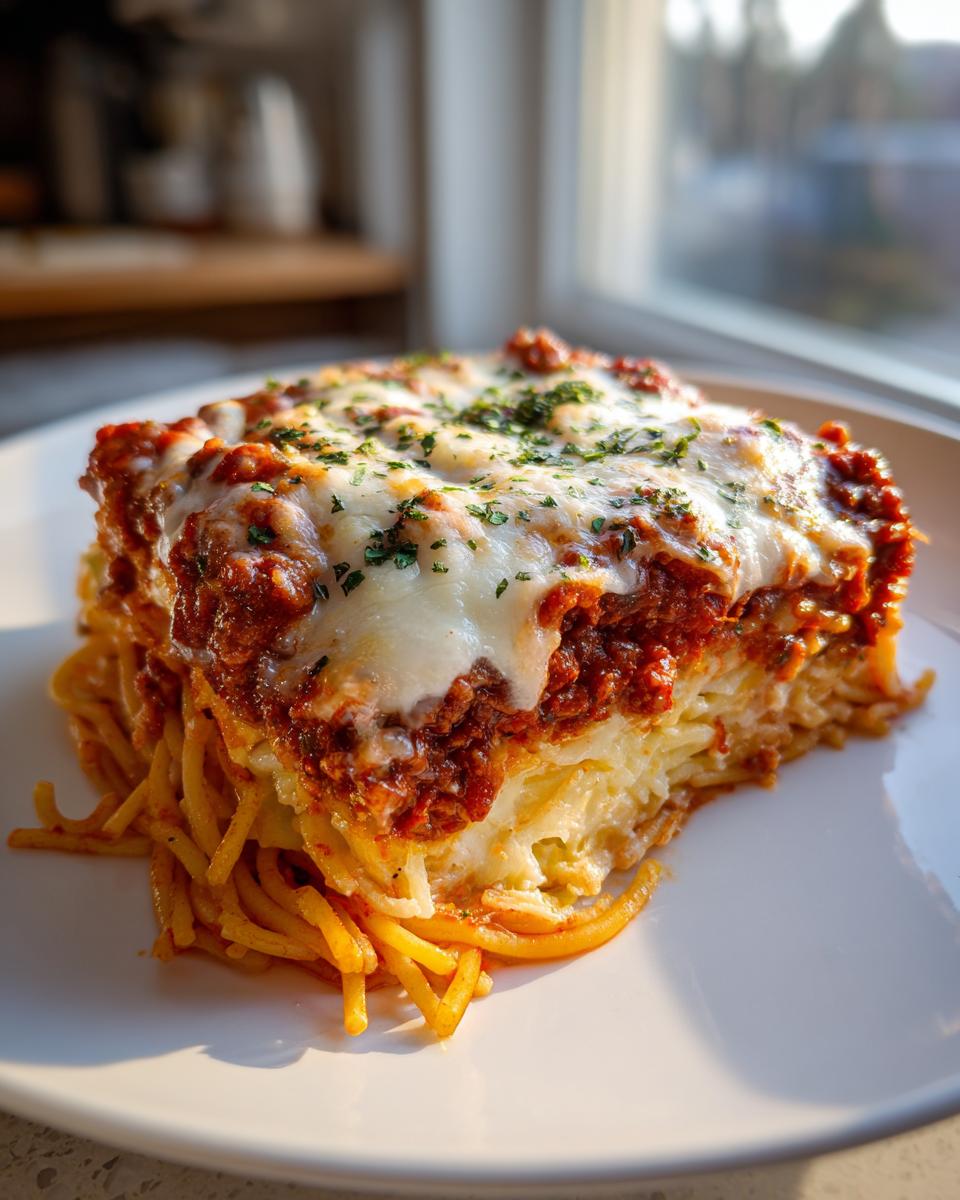 A square slice of baked spaghetti pie topped with rich meat sauce and melted mozzarella cheese, garnished with parsley.