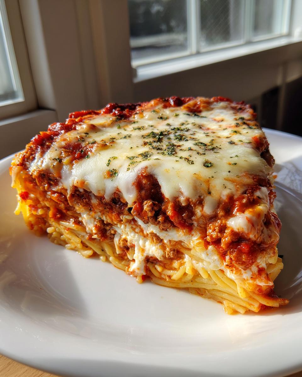 A thick slice of amazing spaghetti pie featuring layers of pasta, meat sauce, ricotta, and melted mozzarella cheese topping.