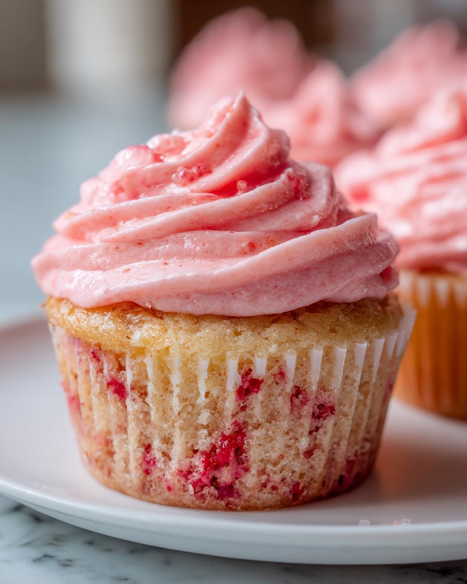 A close-up of one moist strawberry cupcake topped with swirled pink strawberry frosting, showing berry pieces in the cake base.
