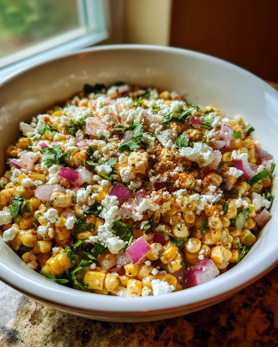 Close-up of a white bowl filled with vibrant street corn salad, topped with cotija cheese, red onion, and cilantro.