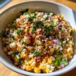 A close-up, overhead view of a vibrant street corn salad topped with cotija cheese, red onion, cilantro, and chili powder.