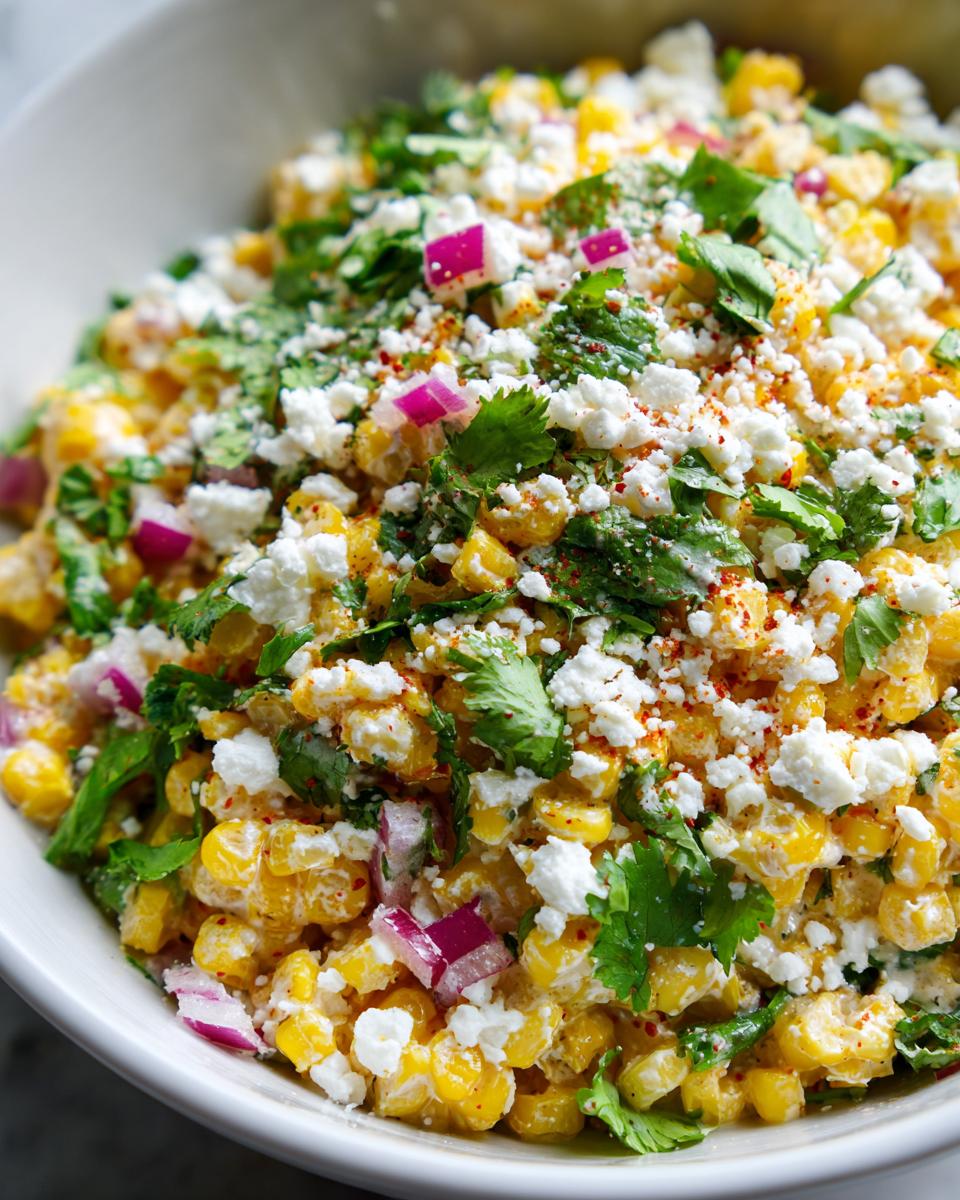 Close-up view of a vibrant street corn salad featuring yellow corn kernels, crumbled white cheese, chopped red onion, and cilantro.