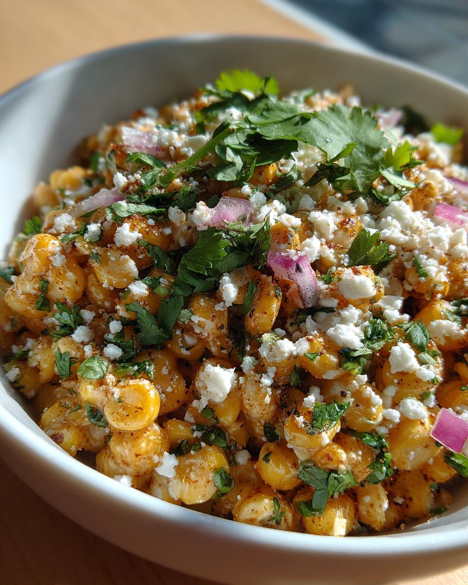 Close-up of vibrant street corn salad featuring seasoned corn kernels, cotija cheese, cilantro, and red onion in a white bowl.