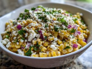 A close-up view of a vibrant street corn salad topped generously with crumbled white cheese and fresh cilantro.