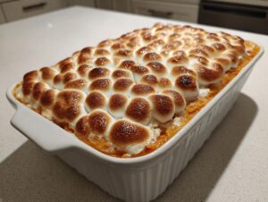 A rectangular white baking dish filled with bright orange sweet potatoes casserole topped with perfectly toasted marshmallows.