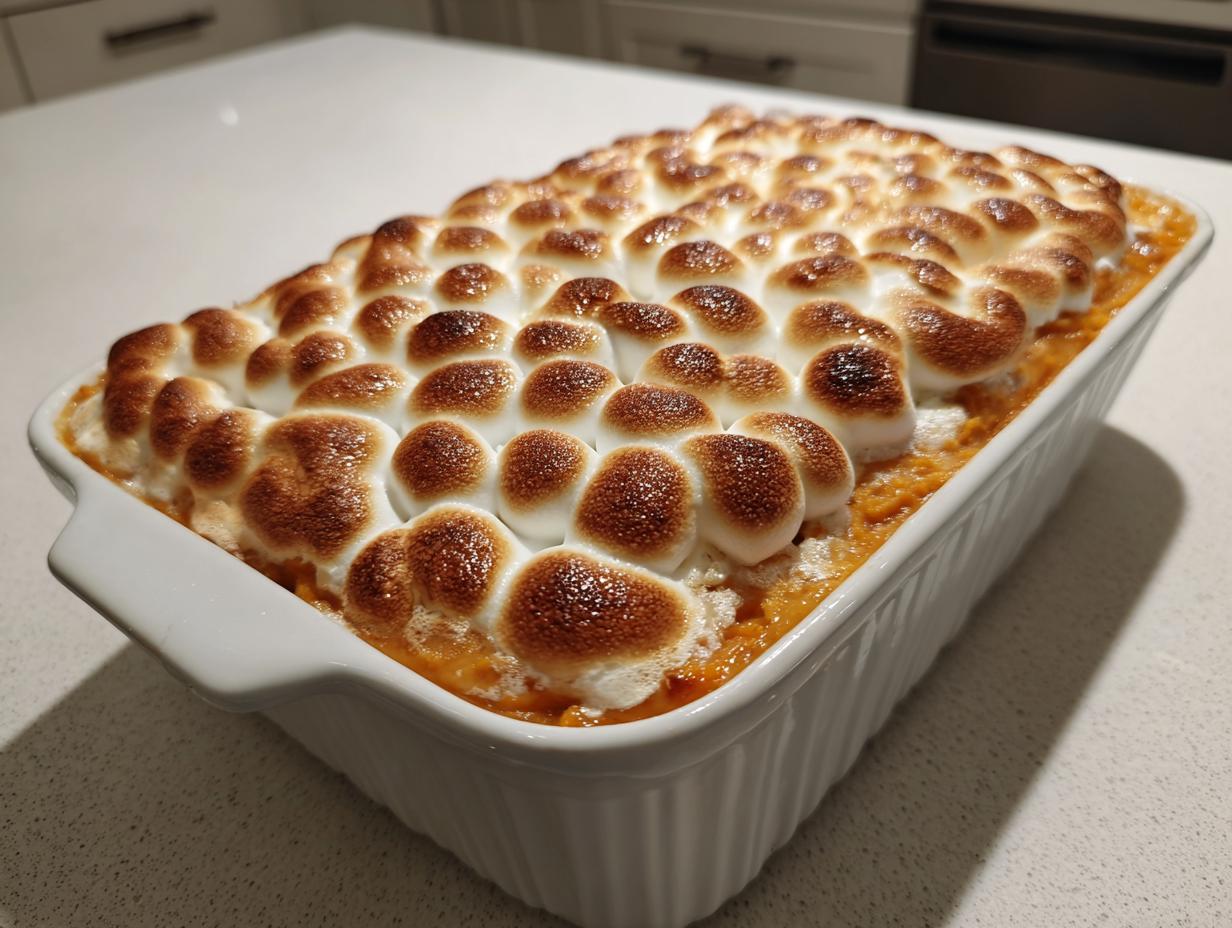A rectangular white baking dish filled with bright orange sweet potatoes casserole topped with perfectly toasted marshmallows.