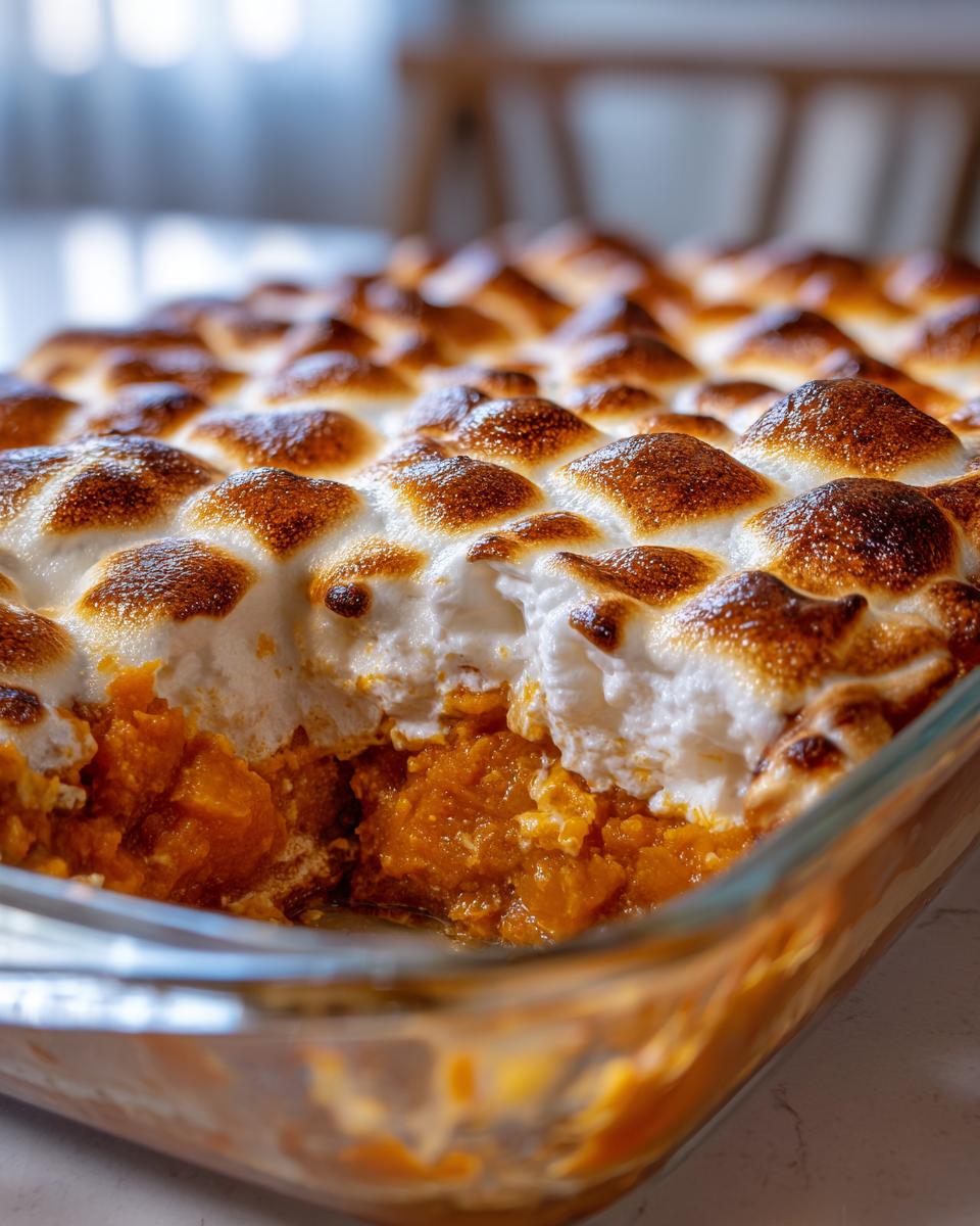 Close-up of a glass baking dish filled with bright orange sweet potatoes casserole topped with toasted meringue.