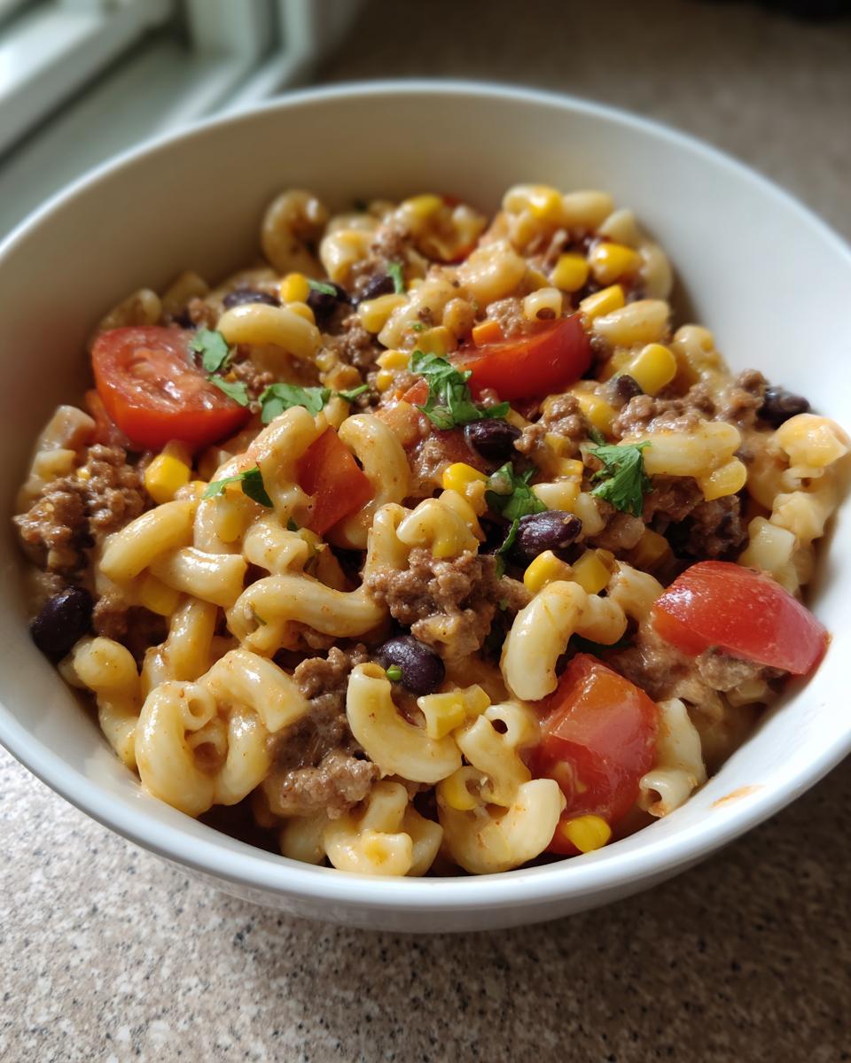 Close-up of a white bowl filled with amazing taco pasta salad featuring elbow macaroni, ground beef, corn, black beans, and tomatoes.