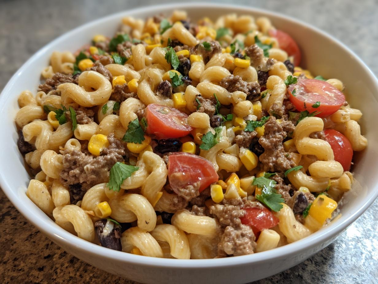 Close-up of a white bowl filled with amazing taco pasta salad featuring elbow macaroni, ground beef, corn, black beans, and tomatoes.