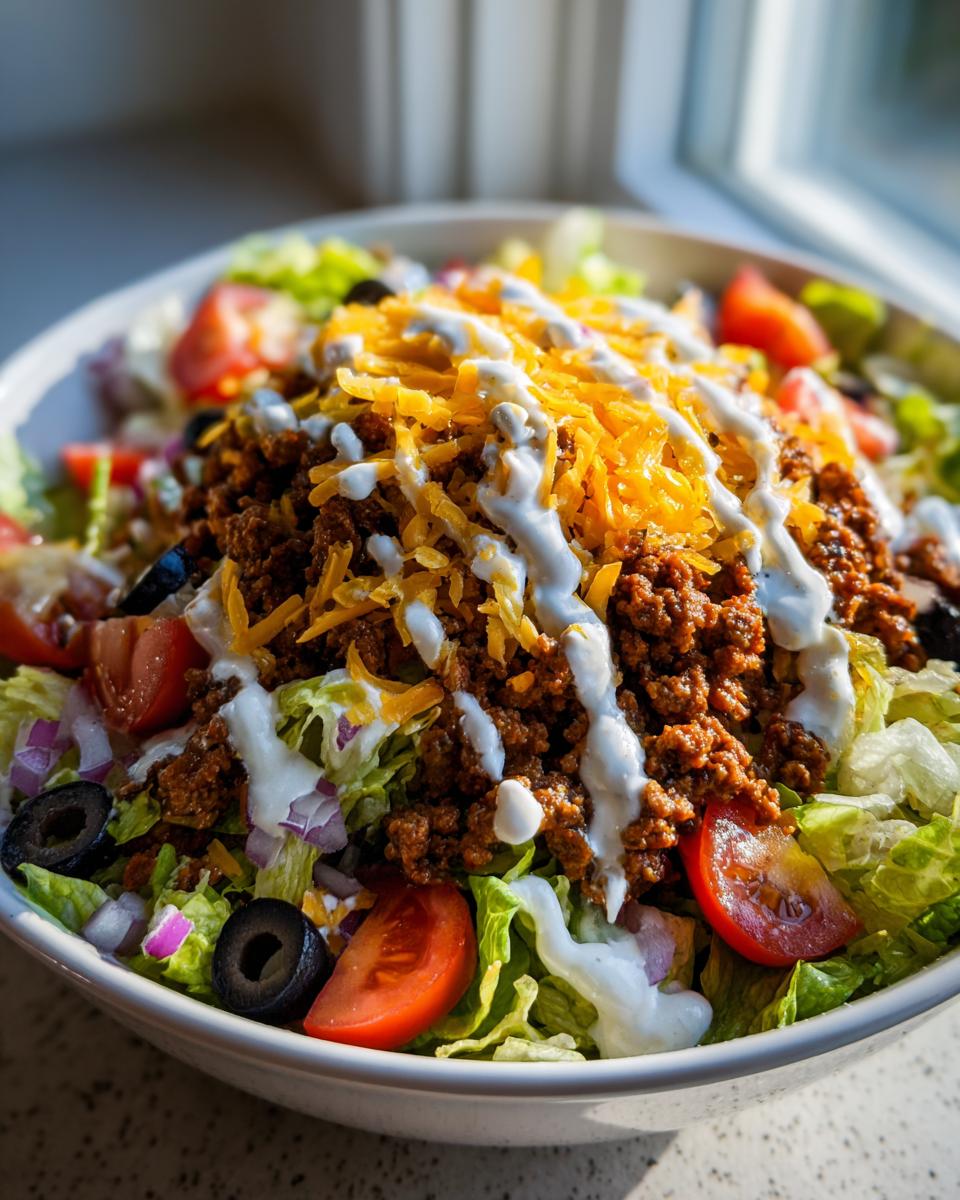A vibrant bowl of taco salad featuring seasoned ground beef, shredded cheese, tomatoes, olives, and ranch dressing.