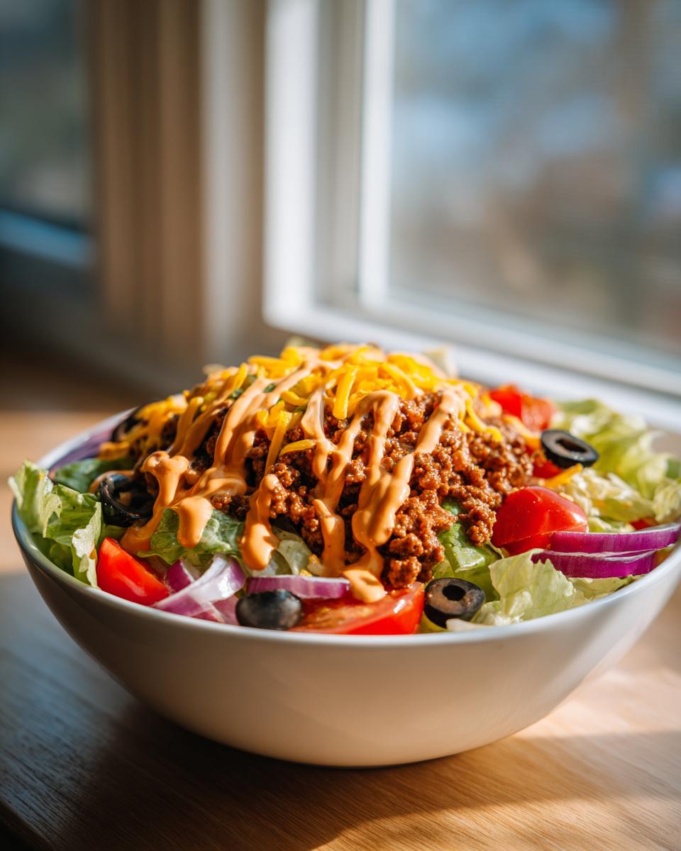 A vibrant bowl of taco salad topped with seasoned ground beef, shredded cheese, and creamy dressing, set near a window.