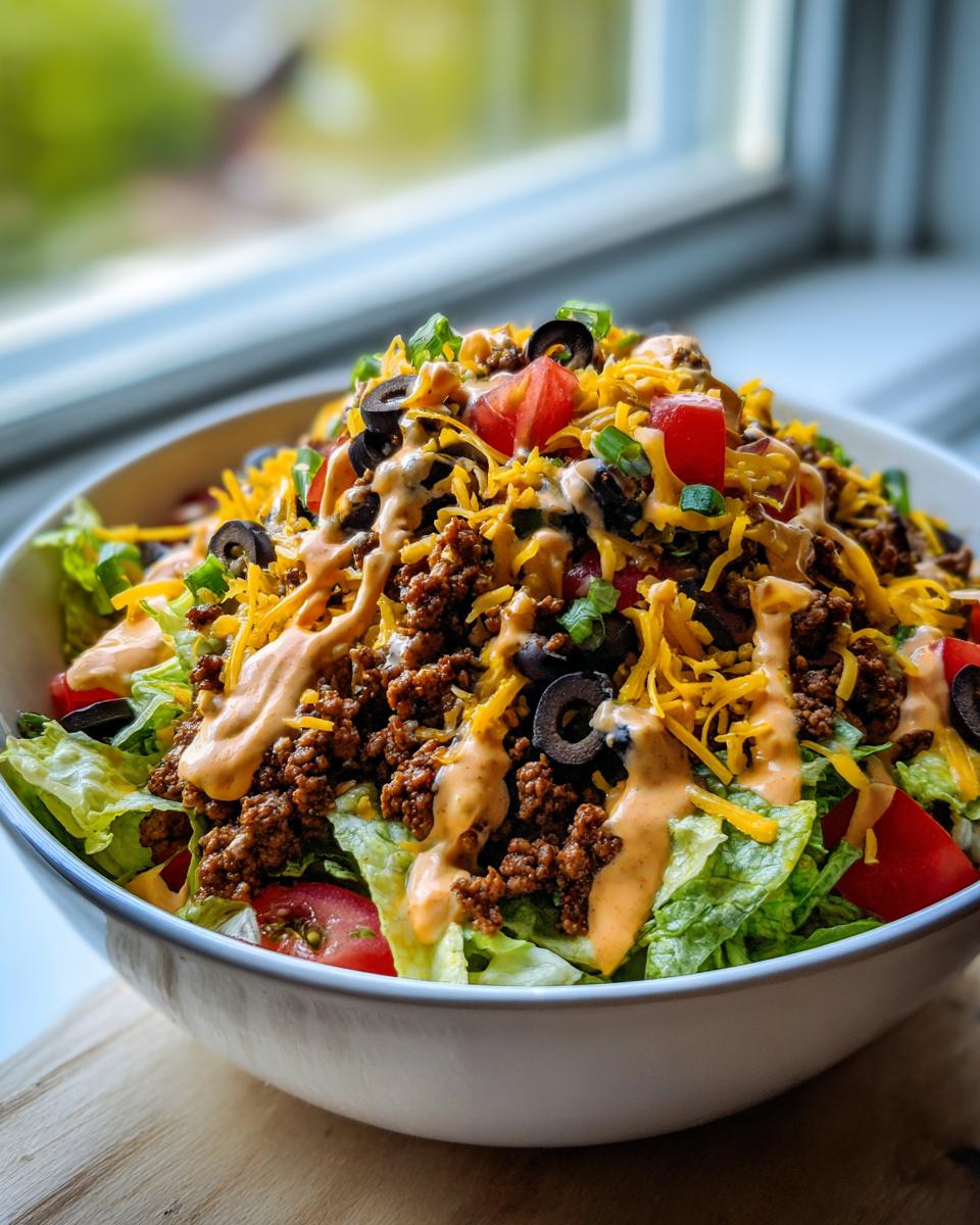 A large white bowl filled with a vibrant taco salad, topped with seasoned ground beef, shredded cheese, olives, and creamy dressing.