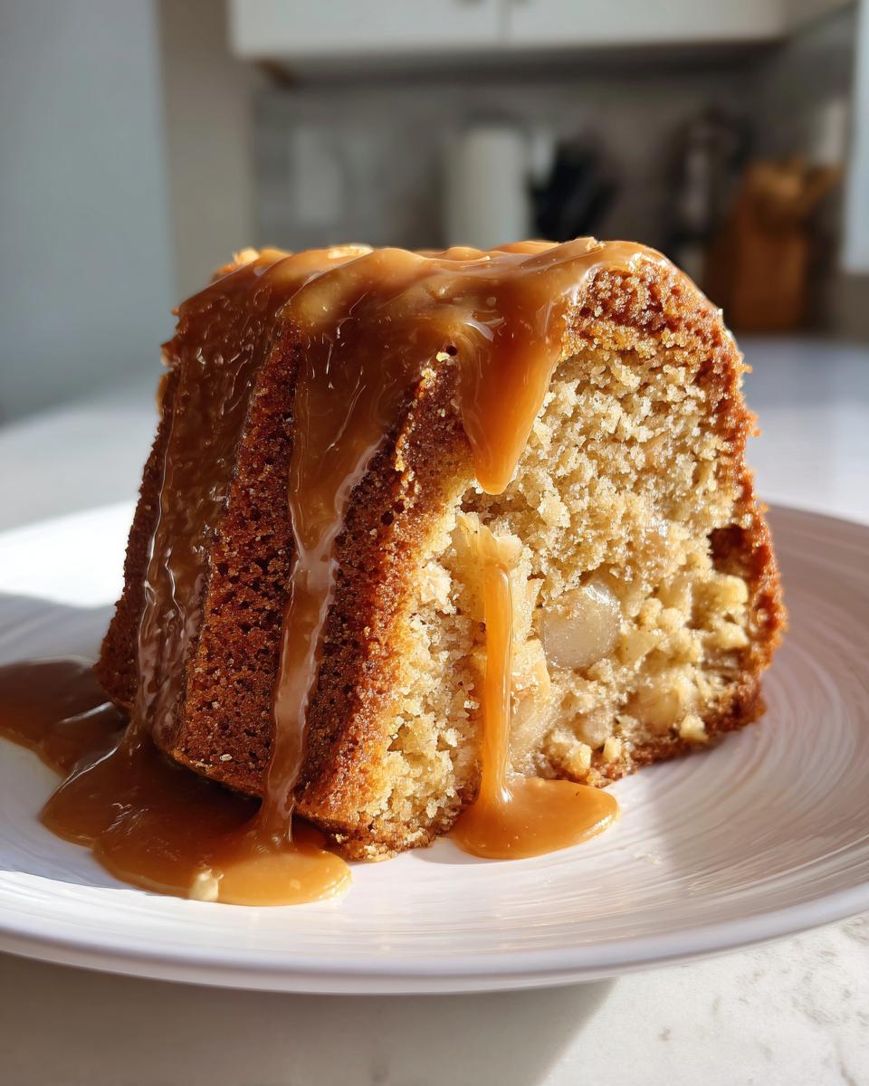 A close-up of a moist slice of apple cake topped generously with thick caramel sauce.