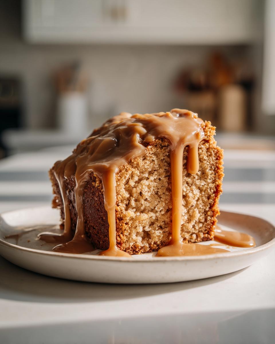 A moist slice of apple cake topped generously with thick, dripping caramel sauce, served on a small plate.
