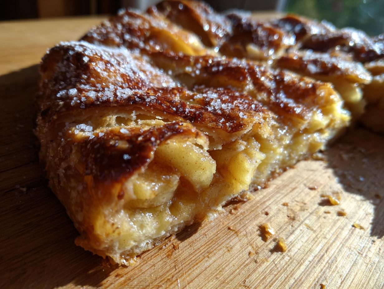 A close-up, cross-section view of a slice of homemade apple galette showing flaky pastry and caramelized apple filling, dusted with coarse sugar.