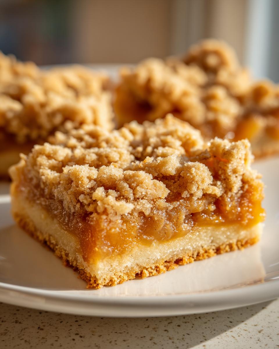 A close-up, macro shot of a single serving of delicious apple pie bars with a thick, gooey apple filling and streusel topping.