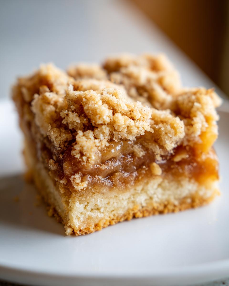 A close-up, macro shot of a single serving of apple pie bars showing the shortbread crust, gooey apple filling, and crumb topping.