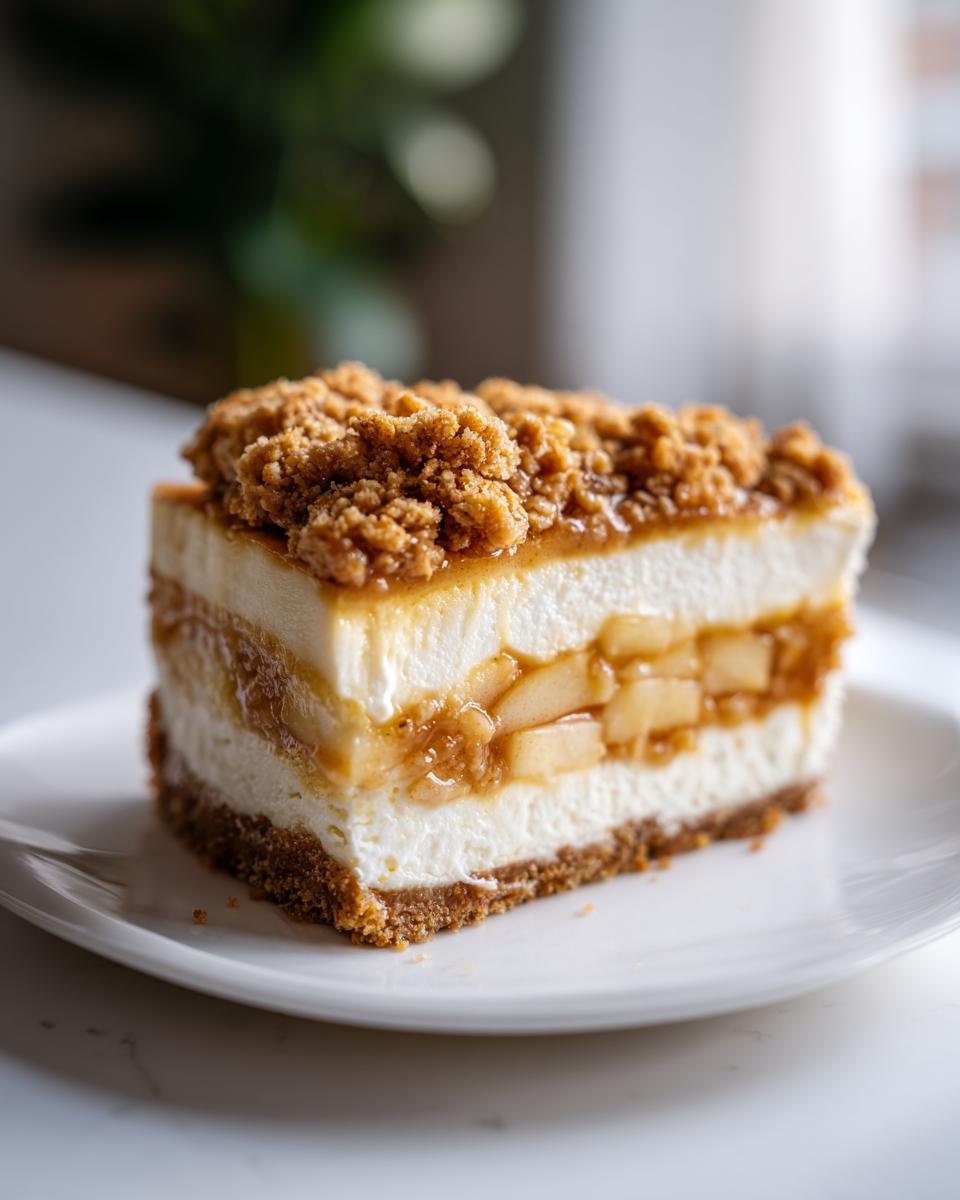 A perfect slice of apple pie cheesecake featuring a graham cracker crust, creamy filling, spiced apple layer, and crumble topping.