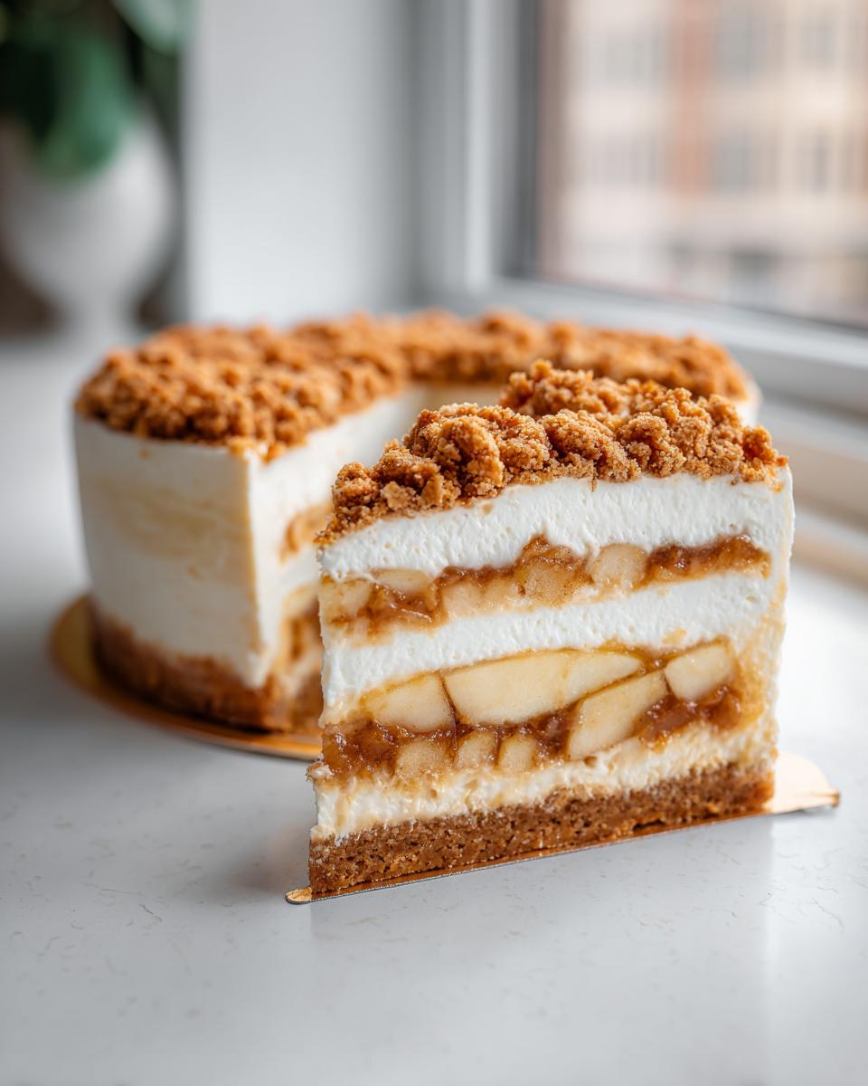 A decadent slice of apple pie cheesecake showing layers of creamy filling, spiced apples, and a graham cracker crust, topped with crumble.