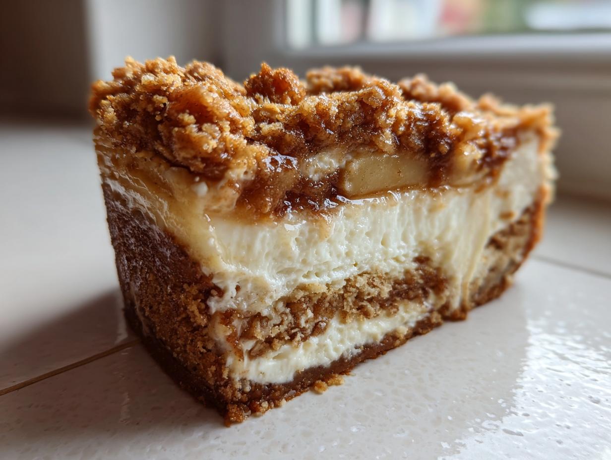 Close-up of a thick slice of apple pie cheesecake showing layers: graham cracker crust, creamy filling, apple topping, and crumble.