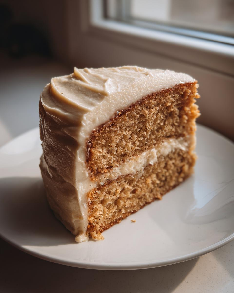 A thick slice of moist applesauce cake layered with frosting, sitting on a white plate near a window.