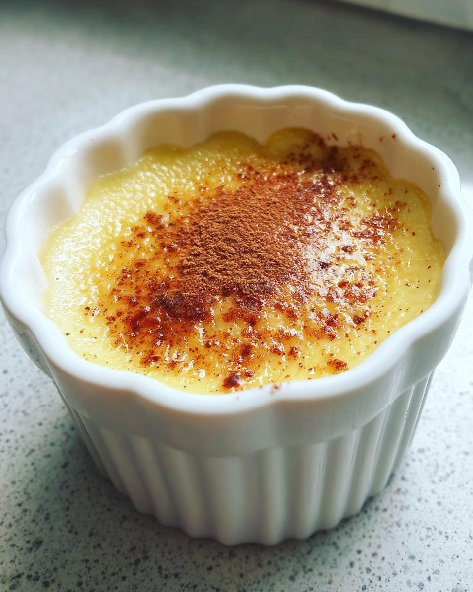 Close-up of a creamy baked egg custard in a white fluted ramekin, topped with a dusting of cinnamon.