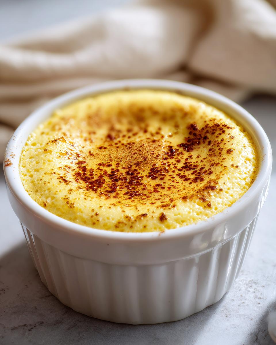 Close-up of a golden yellow egg custard baked in a white fluted ramekin, topped with sprinkled cinnamon.
