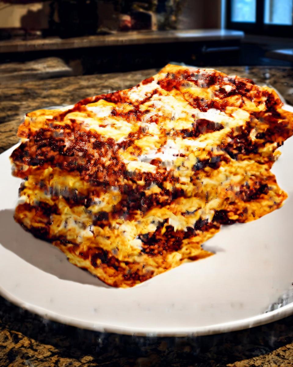 A generous slice of baked lasagna showing layers and a deeply browned, cheesy top, served on a white plate.