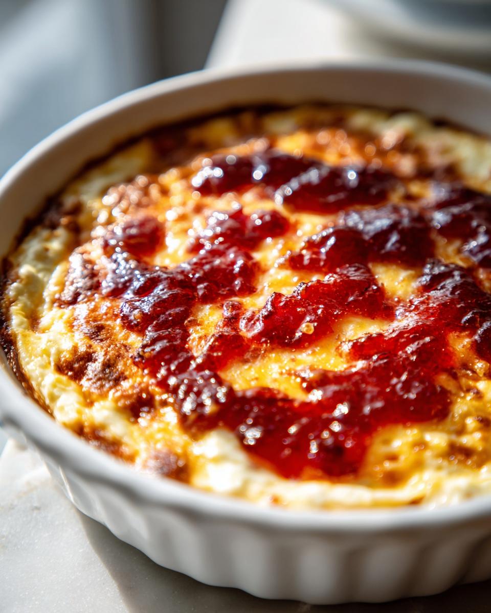 Close-up of a baked pepper jelly cheese dip with a bubbly, browned cheese base and a bright red pepper jelly topping.