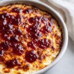 Close-up of a baked pepper jelly cheese dip, golden brown with melted red jelly topping.