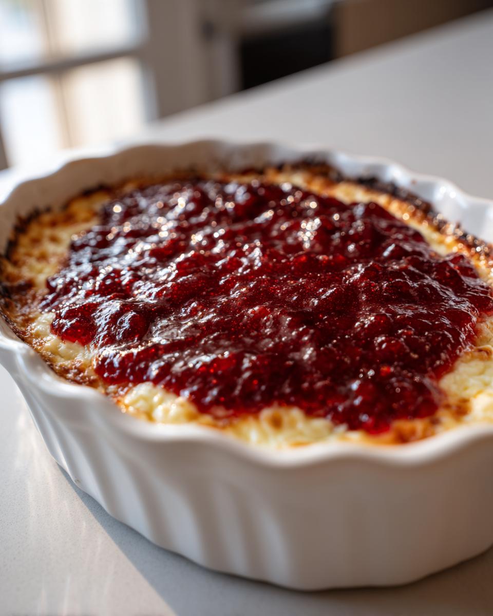 Close-up of a baked pepper jelly cheese dip topped with glistening red jelly in a white fluted baking dish.