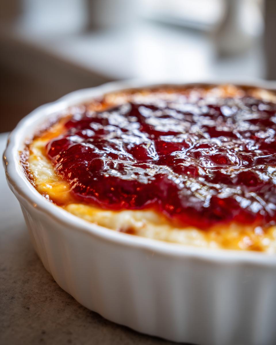 Close-up of a baked pepper jelly cheese dip, featuring a layer of melted cheese topped with glossy, bright red pepper jelly.