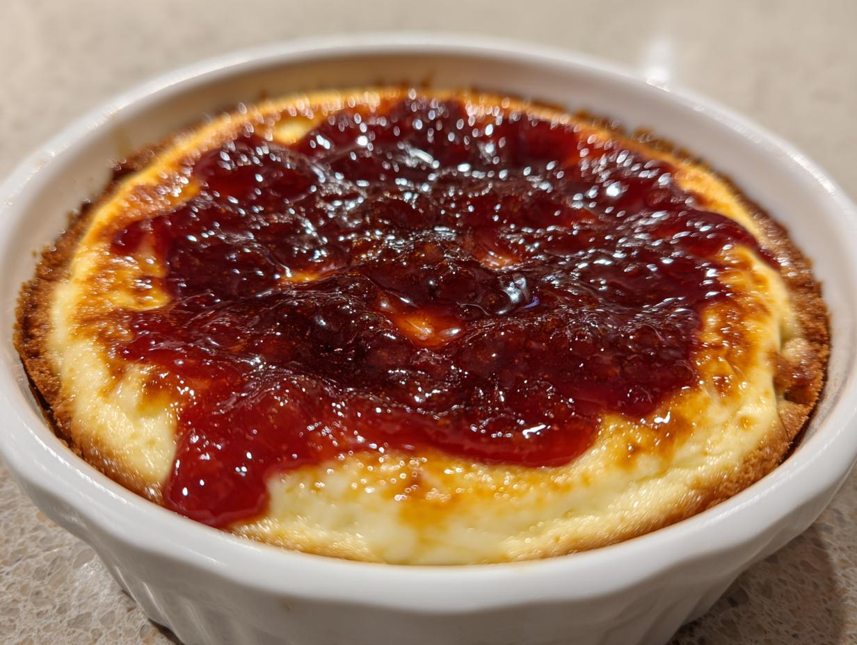 Close-up of a baked pepper jelly cheese dip, featuring melted cheese topped with glistening red pepper jelly in a white ramekin.
