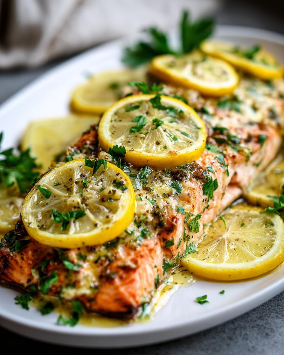 Close-up of a flaky baked salmon recipe fillet topped with lemon slices, parsley, and butter sauce.