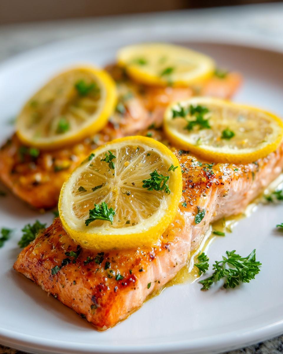 Close-up of a flaky baked salmon recipe fillet topped with bright lemon slices and fresh parsley.