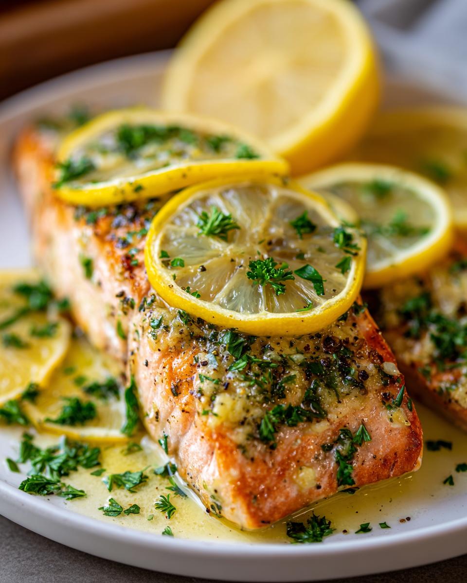 Close-up of a flaky baked salmon recipe fillet topped with lemon slices, garlic butter sauce, and fresh parsley.