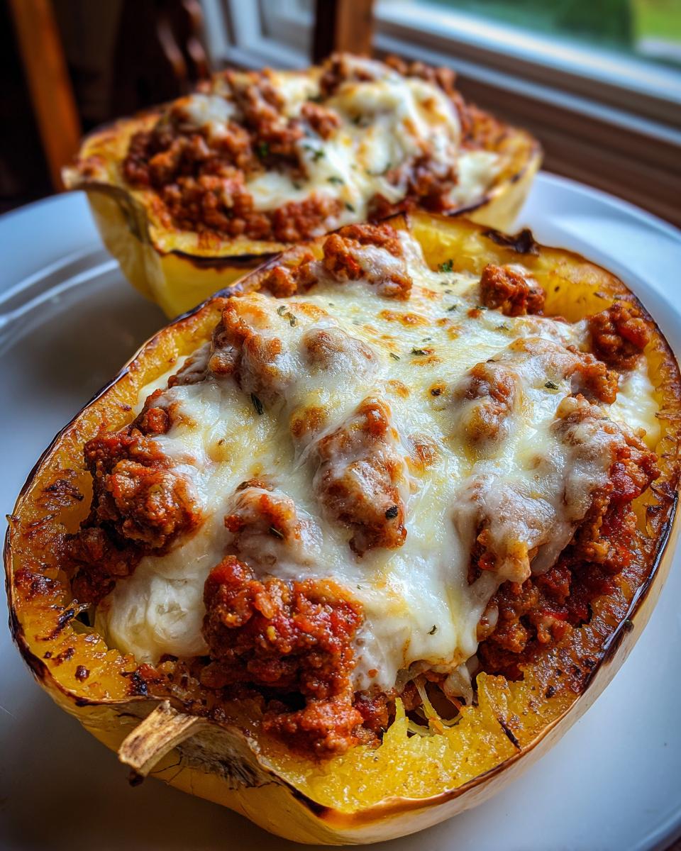 Two halves of baked spaghetti squash lasagna topped with rich meat sauce and melted mozzarella cheese.