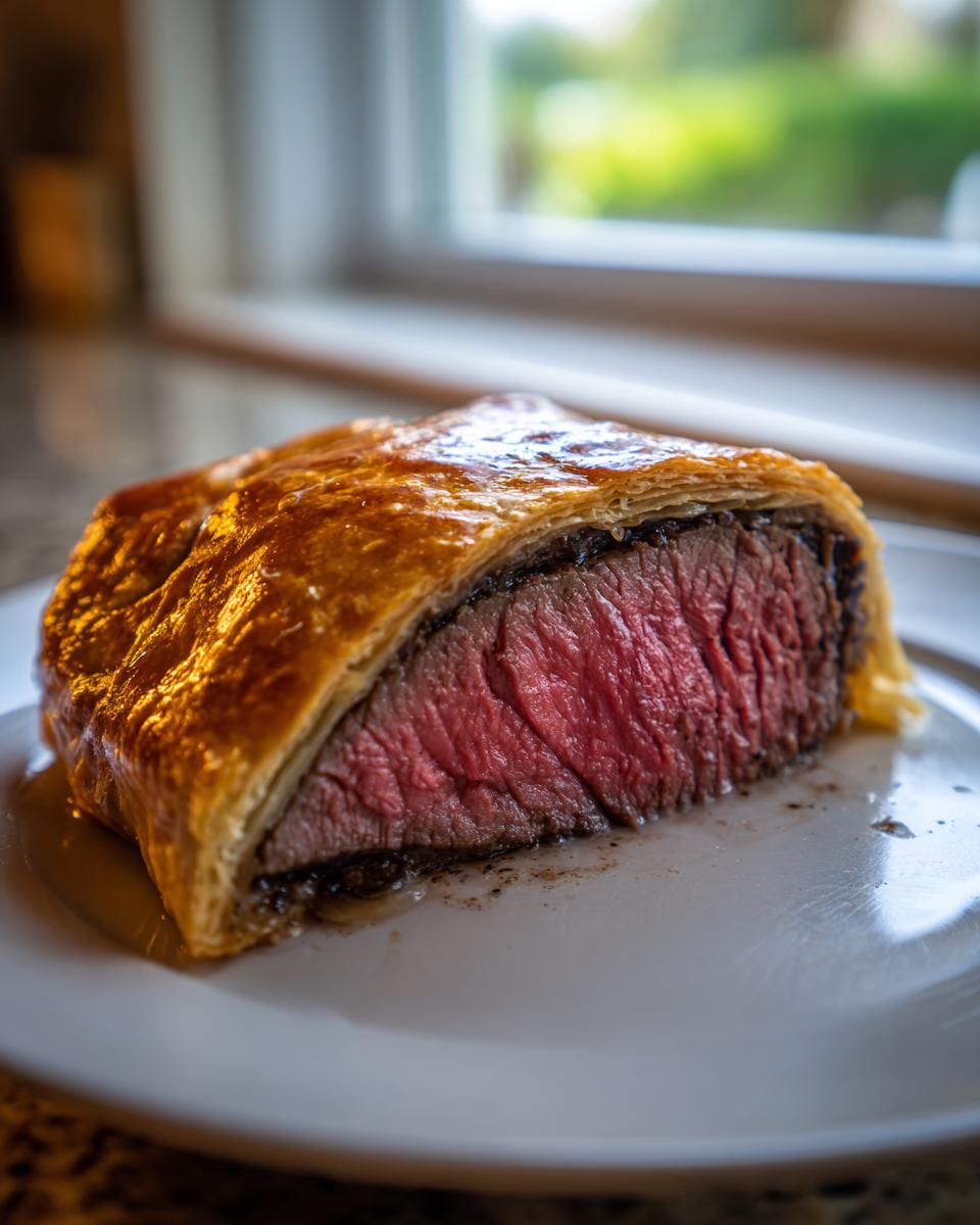 Close-up of a perfectly cooked slice of beef wellington recipe showing medium-rare pink center and golden pastry.