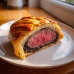 Close-up of a slice of beef wellington recipe showing medium-rare pink center and golden puff pastry.